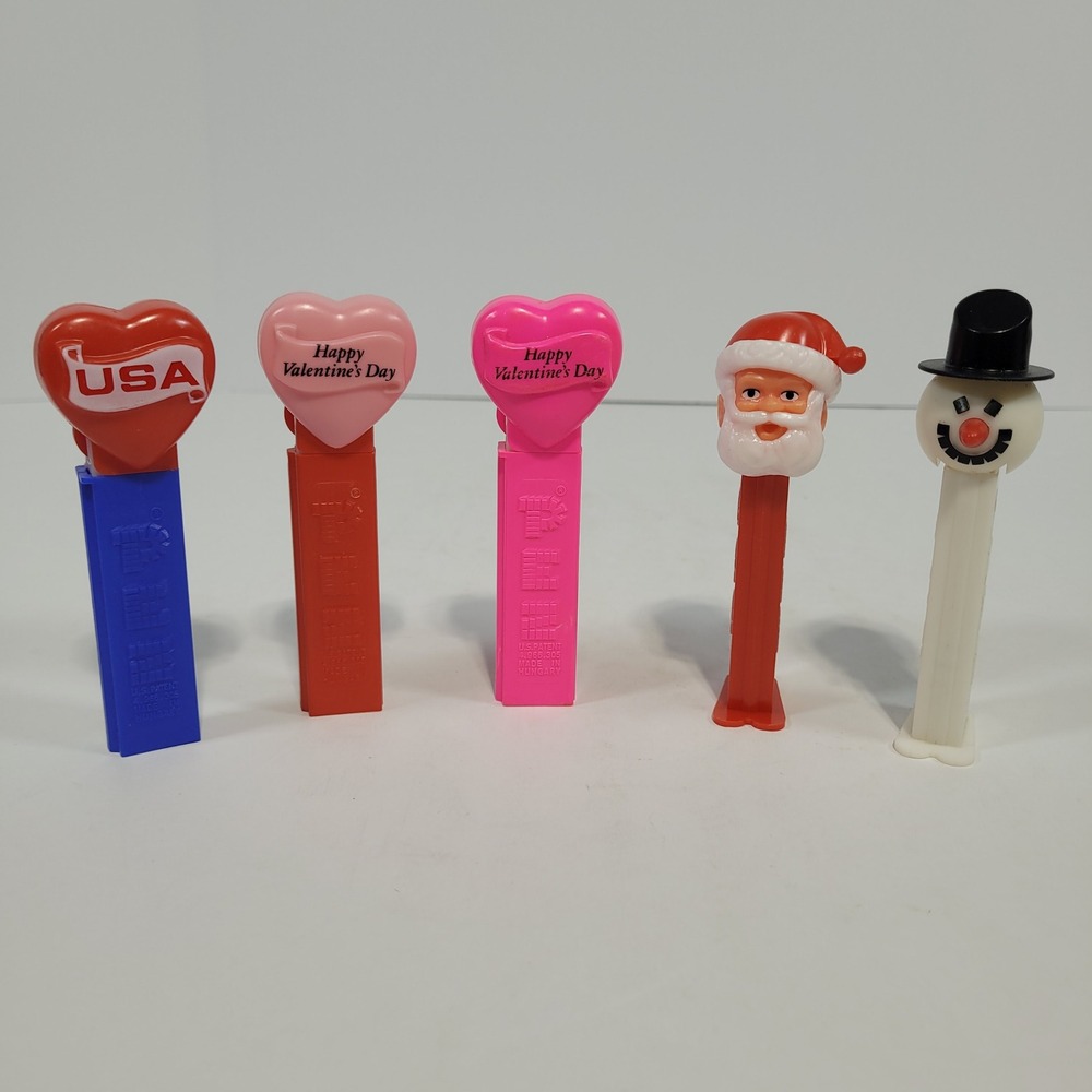 Vintage PEZ Candy Dispenser Lot of 5 Santa Snowman Valentine Hearts USA